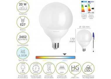 Bombilla Led Globo E27. 20 Watt. Equivale A 150 Watt. 2452 Lumenes. Luz Fria 6500º K.