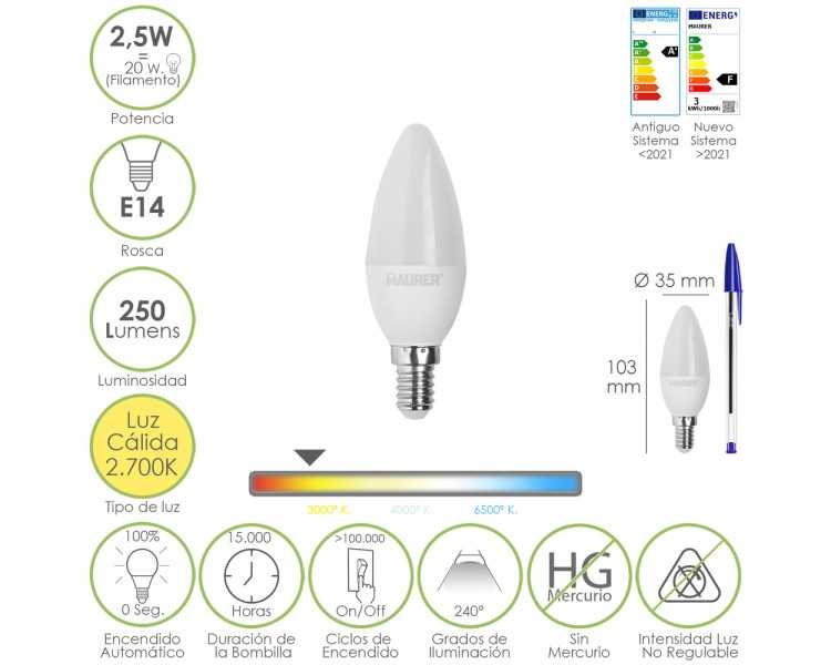 Bombilla Led Vela E14. 2,5 Watt. Equivale A 20 Watt. 250 Lumenes. Luz Calida 2700º K.