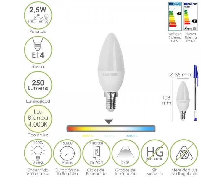 Bombilla Led Vela E14. 2,5 Watt. Equivale A 20 Watt. 250 Lumenes. Luz Neutra 4.000º K.