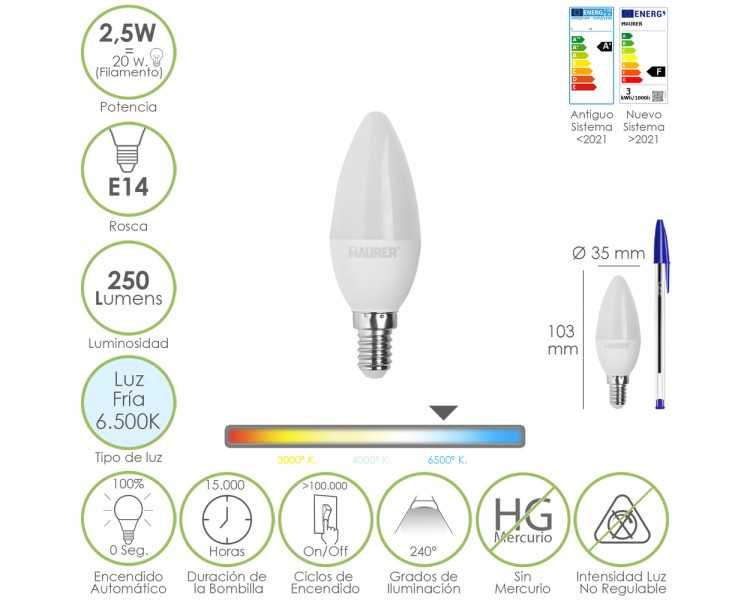 Bombilla Led Vela E14. 2,5 Watt. Equivale A 20 Watt. 250 Lumenes. Luz Fria 6500º K.