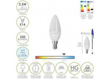 Bombilla Led Vela E14. 2,5 Watt. Equivale A 20 Watt. 250 Lumenes. Luz Fria 6500º K.
