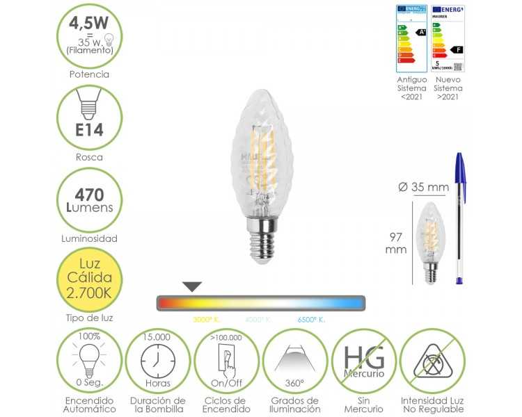 Bombilla Led Filamento Vela Twist. E14. 4,5 Watt. Equivale A 35 Watt. 470 Lumenes. Luz Calida 2700º K.