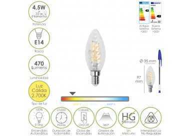 Bombilla Led Filamento Vela Twist. E14. 4,5 Watt. Equivale A 35 Watt. 470 Lumenes. Luz Calida 2700º K.