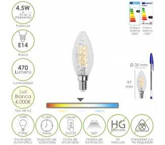 Bombilla Led Filamento Vela Twist. E14. 4,5 Watt. Equivale A 35 Watt. 470 Lumenes. Luz Neutra 4000º K.