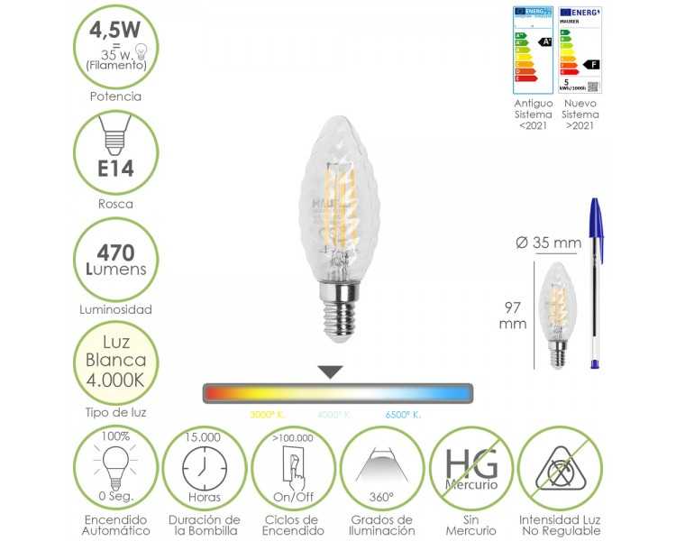 Bombilla Led Filamento Vela Twist. E14. 4,5 Watt. Equivale A 35 Watt. 470 Lumenes. Luz Neutra 4000º K.