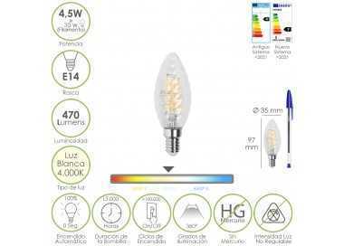 Bombilla Led Filamento Vela Twist. E14. 4,5 Watt. Equivale A 35 Watt. 470 Lumenes. Luz Neutra 4000º K.