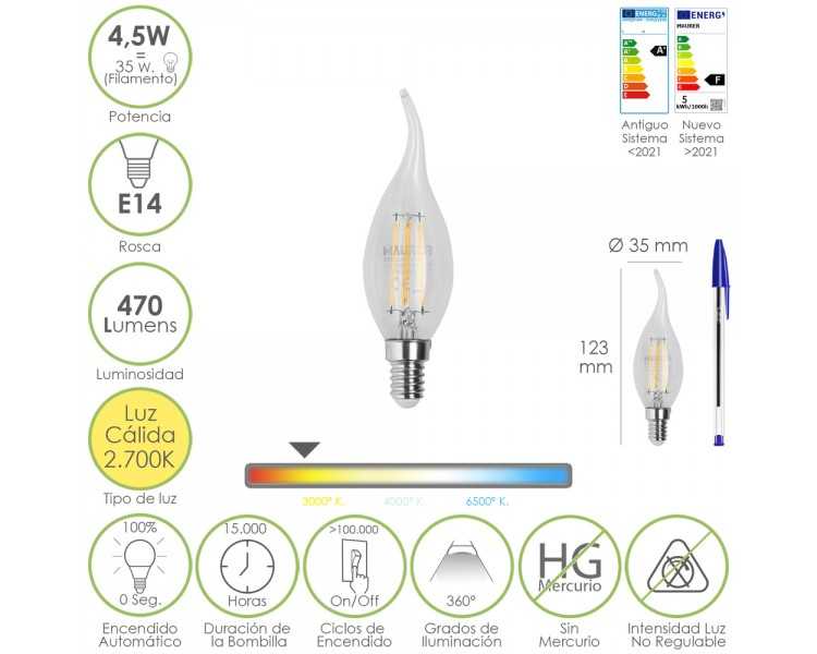 Bombilla Led Filamento Vela Llama E14. 4,5 Watt. Equivale A 35 Watt. 470 Lumenes. Luz Calida 2700º K.