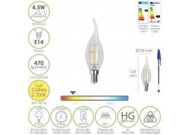 Bombilla Led Filamento Vela Llama E14. 4,5 Watt. Equivale A 35 Watt. 470 Lumenes. Luz Calida 2700º K.