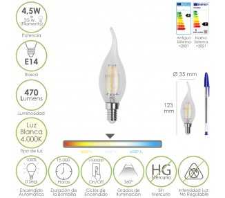 Bombilla Led Filamento Vela Llama E14. 4,5 Watt. Equivale A 35 Watt. 470 Lumenes. Luz Neutra 4000º K.