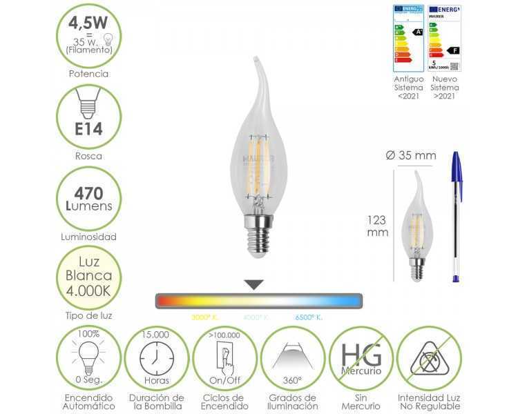 Bombilla Led Filamento Vela Llama E14. 4,5 Watt. Equivale A 35 Watt. 470 Lumenes. Luz Neutra 4000º K.