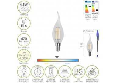 Bombilla Led Filamento Vela Llama E14. 4,5 Watt. Equivale A 35 Watt. 470 Lumenes. Luz Neutra 4000º K.