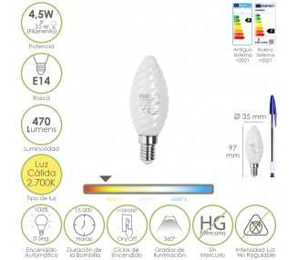 Bombilla Led Filamento Vela Esmerilada E14. 4,5 Watt. Equivale A 35 Watt. 470 Lumenes. Luz Calida 2700º K.
