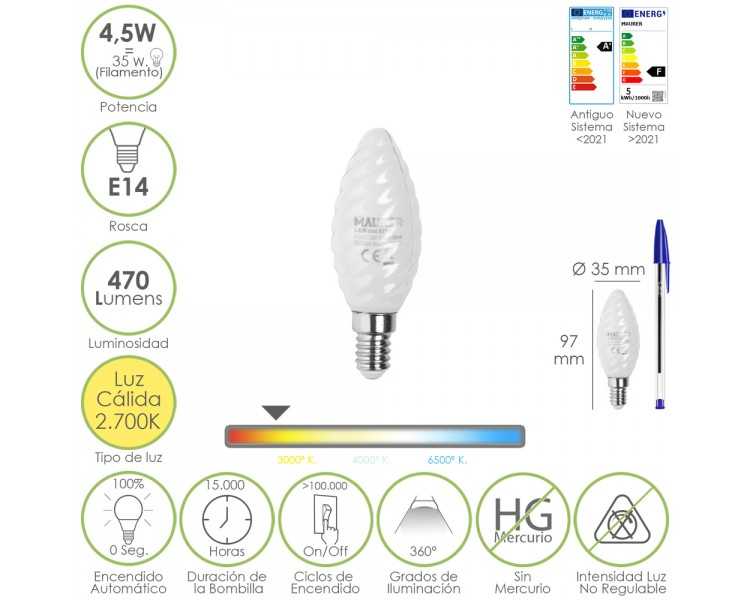 Bombilla Led Filamento Vela Esmerilada E14. 4,5 Watt. Equivale A 35 Watt. 470 Lumenes. Luz Calida 2700º K.