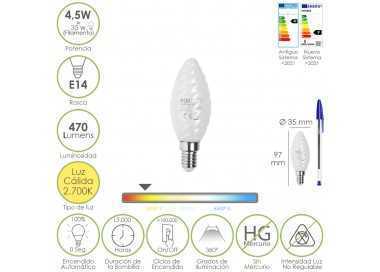 Bombilla Led Filamento Vela Esmerilada E14. 4,5 Watt. Equivale A 35 Watt. 470 Lumenes. Luz Calida 2700º K.