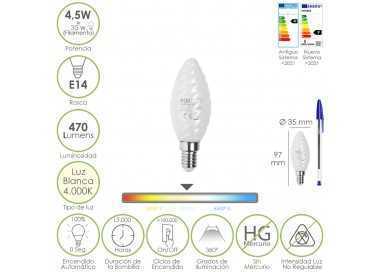 Bombilla Led Filamento Vela Esmerilada E14. 4,5 Watt. Equivale A 35 Watt. 470 Lumenes. Luz Neutra 4000º K.