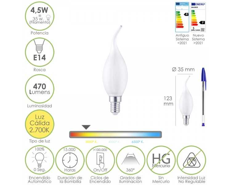 Bombilla Led Filamento Vela Llama Esmerilada E14. 4,5 Watt. Equivale A 35 Watt. 470 Lumenes. Luz Calida 2700º K.