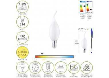 Bombilla Led Filamento Vela Llama Esmerilada E14. 4,5 Watt. Equivale A 35 Watt. 470 Lumenes. Luz Calida 2700º K.