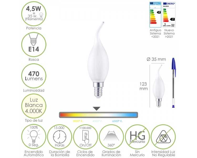 Bombilla Led Filamento Vela Llama Esmerilada E14. 4,5 Watt. Equivale A 35 Watt. 470 Lumenes. Luz Neutra 4000º K.