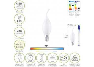 Bombilla Led Filamento Vela Llama Esmerilada E14. 4,5 Watt. Equivale A 35 Watt. 470 Lumenes. Luz Neutra 4000º K.