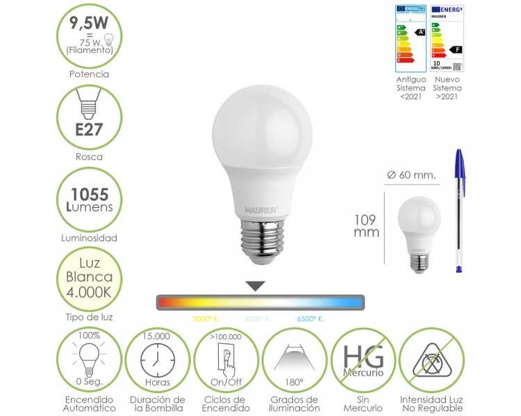 Bombilla Led Estandar Rosca E27. 9.5 Watt. Equivale A 75 Watt. 1055 Lumenes. Luz Neutra (4000º K.)
