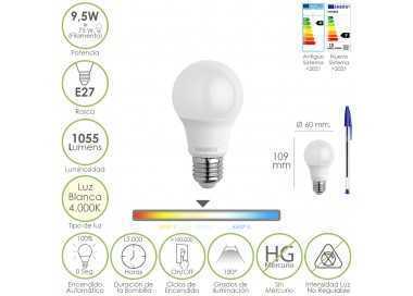 Bombilla Led Estandar Rosca E27. 9.5 Watt. Equivale A 75 Watt. 1055 Lumenes. Luz Neutra (4000º K.)