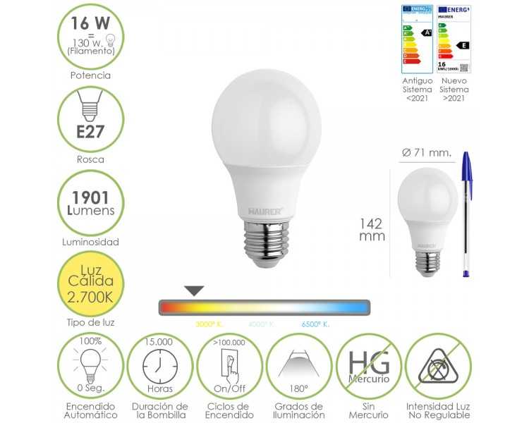 Bombilla Led Estandar Rosca E27. 16 Watt. Equivale A 130 Watt. 1901 Lumenes. Luz Calida 2.700º K.