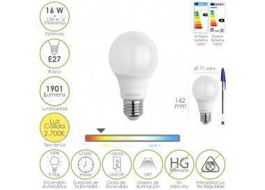 Bombilla Led Estandar Rosca E27. 16 Watt. Equivale A 130 Watt. 1901 Lumenes. Luz Calida 2.700º K.