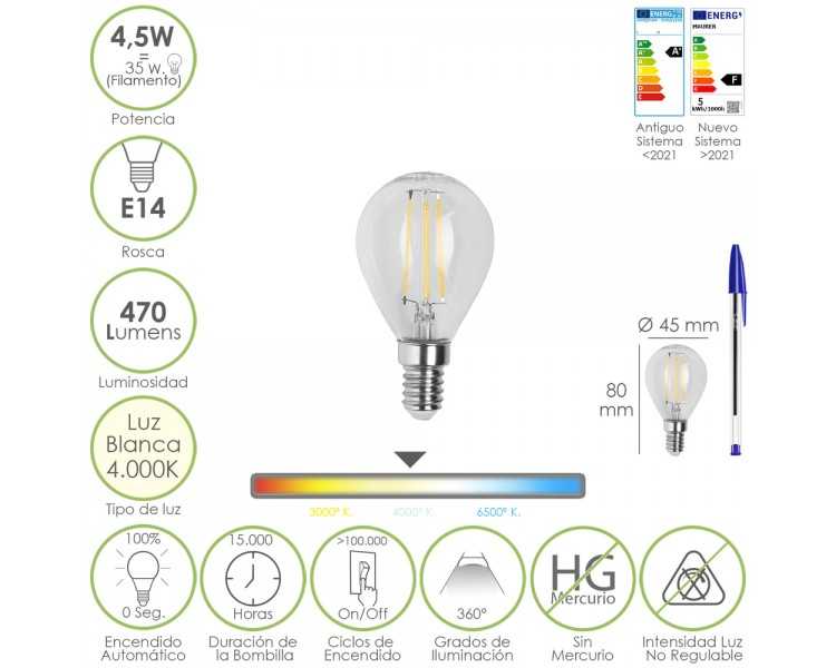 Bombilla Led Filamento Esfera Rosca E14. 4,5 Watt. Equivale A 35 Watt. 470 Lumenes. Luz Neutra 4000º K.