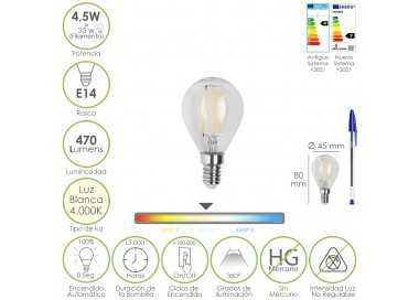 Bombilla Led Filamento Esfera Rosca E14. 4,5 Watt. Equivale A 35 Watt. 470 Lumenes. Luz Neutra 4000º K.