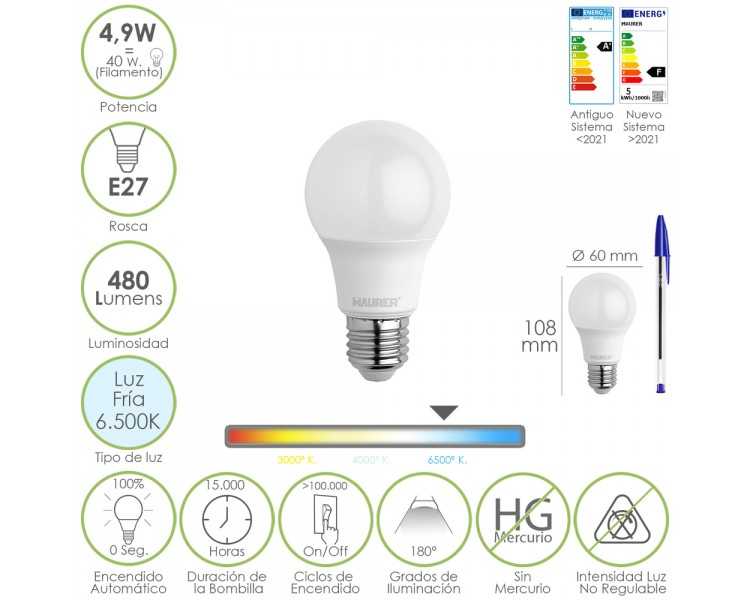 Bombilla Led Estandar Rosca E27. 4.9 Watt. Equivale A 40 Watt. 480 Lumenes. Luz Fria (6500º K.)