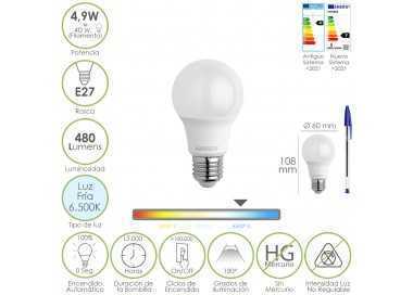 Bombilla Led Estandar Rosca E27. 4.9 Watt. Equivale A 40 Watt. 480 Lumenes. Luz Fria (6500º K.)