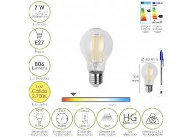 Bombilla Led Filamento Standar Rosca E27. 7 Watt. Equivale A 50 Watt. 806 Lumenes. Luz Calida 2700º K.
