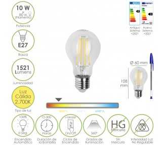 Bombilla Led Filamento Standar Rosca E27. 10 Watt. Equivale A 80 Watt. 1521 Lumenes. Luz Calida 2700º K.