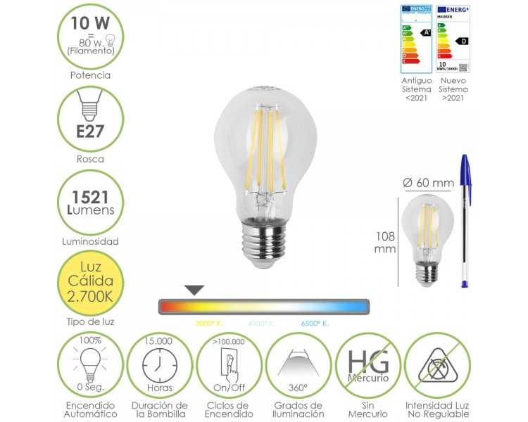 Bombilla Led Filamento Standar Rosca E27. 10 Watt. Equivale A 80 Watt. 1521 Lumenes. Luz Calida 2700º K.