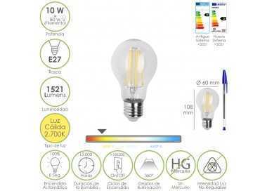 Bombilla Led Filamento Standar Rosca E27. 10 Watt. Equivale A 80 Watt. 1521 Lumenes. Luz Calida 2700º K.