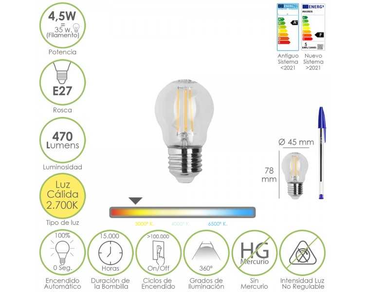 Bombilla Led Filamento Esfera Rosca E27. 4,5 Watt. Equivale A 35 Watt. 470 Lumenes. Luz Calida 2700º K.