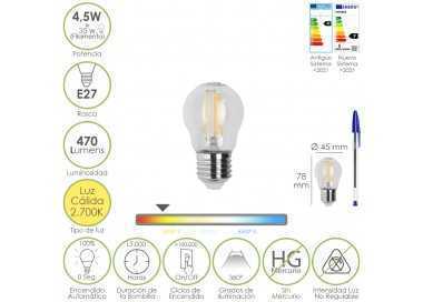 Bombilla Led Filamento Esfera Rosca E27. 4,5 Watt. Equivale A 35 Watt. 470 Lumenes. Luz Calida 2700º K.