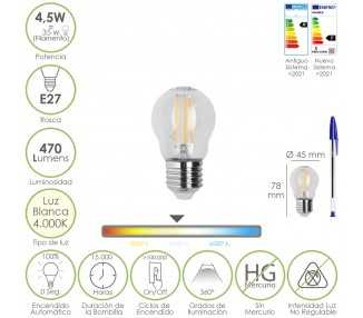 Bombilla Led Filamento Esfera Rosca E27. 4,5 Watt. Equivale A 35 Watt. 470 Lumenes. Luz Neutra 4000º K.