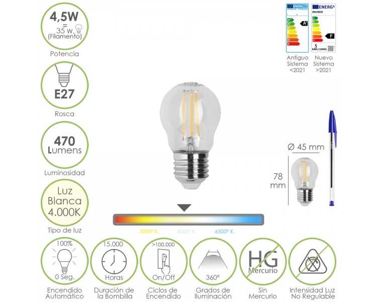 Bombilla Led Filamento Esfera Rosca E27. 4,5 Watt. Equivale A 35 Watt. 470 Lumenes. Luz Neutra 4000º K.