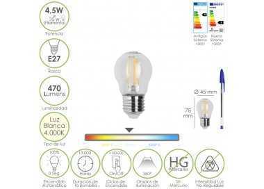 Bombilla Led Filamento Esfera Rosca E27. 4,5 Watt. Equivale A 35 Watt. 470 Lumenes. Luz Neutra 4000º K.