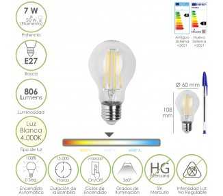 Bombilla Led Filamento Standar Rosca E27. 7 Watt. Equivale A 50 Watt. 806 Lumenes. Luz Neutra 4000º K.