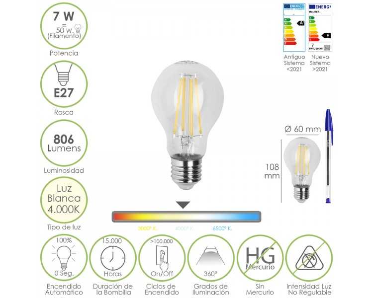 Bombilla Led Filamento Standar Rosca E27. 7 Watt. Equivale A 50 Watt. 806 Lumenes. Luz Neutra 4000º K.