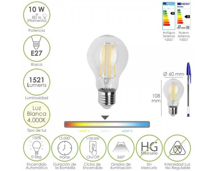 Bombilla Led Filamento Standar Rosca E27. 10 Watt. Equivale A 80 Watt. 1521 Lumenes. Luz Neutra 4000º K.