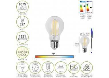 Bombilla Led Filamento Standar Rosca E27. 10 Watt. Equivale A 80 Watt. 1521 Lumenes. Luz Neutra 4000º K.