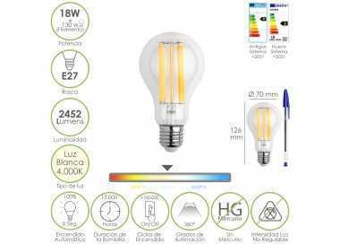 Bombilla Led Filamento Standar Rosca E27. 18 Watt. Equivale A 130 Watt. 2462 Lumenes. Luz Neutra 4000º K.