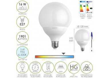 Bombilla Led Globo Rosca E27. 16 Watt. Equivale A 130 Watt. 1901 Lumenes. Luz Fria 6500º K.
