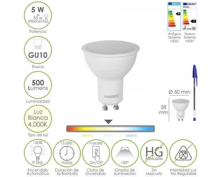 Bombilla Led Dicroica Rosca GU10. 5 Watt. Equivale A 35 Watt. 500 Lumenes. Luz Neutra 4000º K