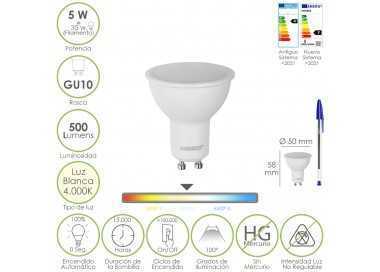 Bombilla Led Dicroica Rosca GU10. 5 Watt. Equivale A 35 Watt. 500 Lumenes. Luz Neutra 4000º K