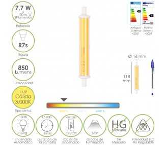 Bombilla Led Para Focos Rosca R7S. 7,7 Watt. Equivale a 50 Watt. 850 Lumenes. Luz Cálida (3000º K.)