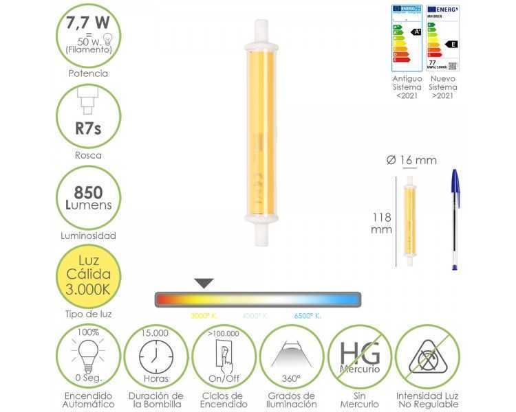 Bombilla Led Para Focos Rosca R7S. 7,7 Watt. Equivale a 50 Watt. 850 Lumenes. Luz Cálida (3000º K.)